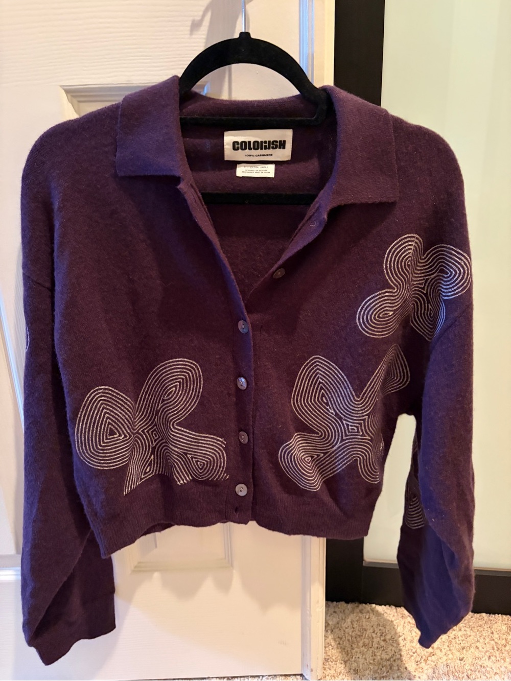 Purple Button-Front Crew Sweater with Contrast Stitching Never worn